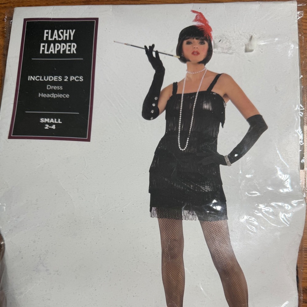 Flashy Flapper 2pc Costume Set Black Fringe Dress Headpiece Small 2-4 1920s